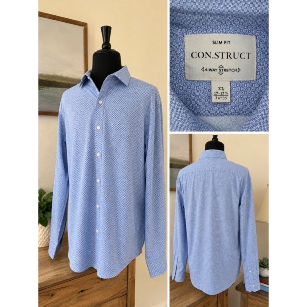 CON.STRUCT Mens Slim Fit 4-Way Stretch Dress Shirt Blue Geometric XL 17 34-35